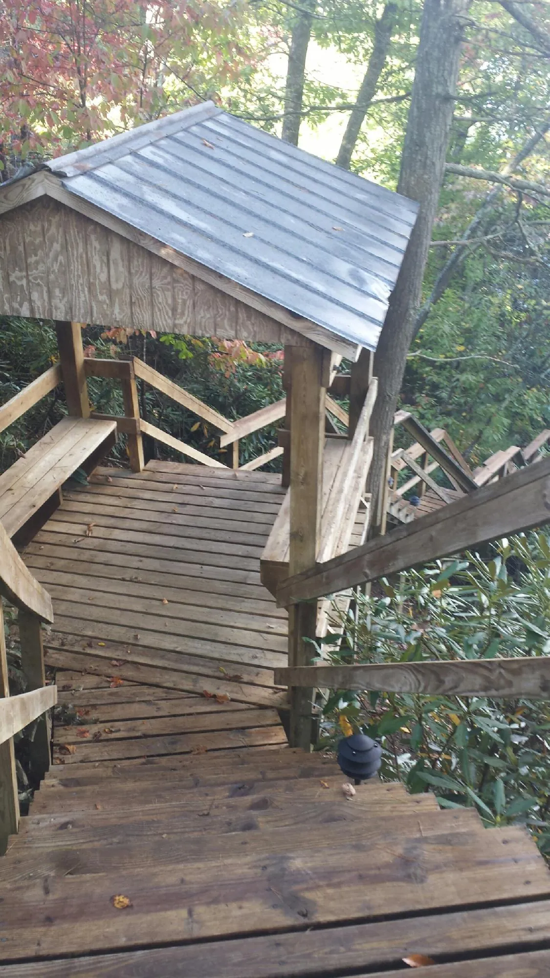 Metal roofed shelter over wooden steps on a wooded walkway — Skylight Repair & Installation work by our crew in Bogalusa